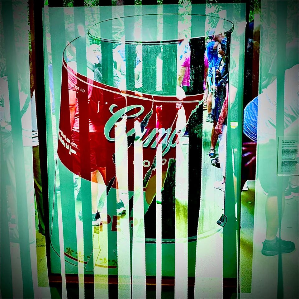 A red soup-can artwork layered with museum visitors and turquoise vertical stripes.