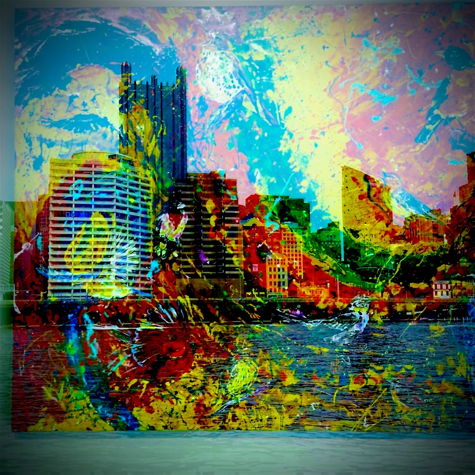 A waterfront skyline layered with vivid blue, yellow, and red abstract textures.