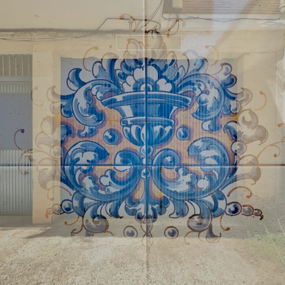 Blue ornamental tiles overlaid with a sunlit facade.