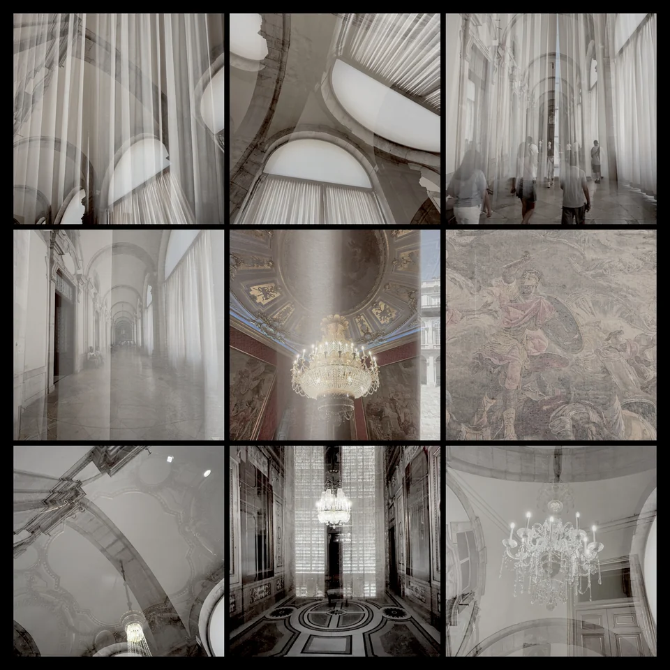 Nine black-and-white double exposures of a cathedral interior.
