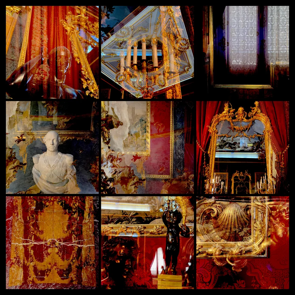 Nine layered photographs of ornate golden interiors.