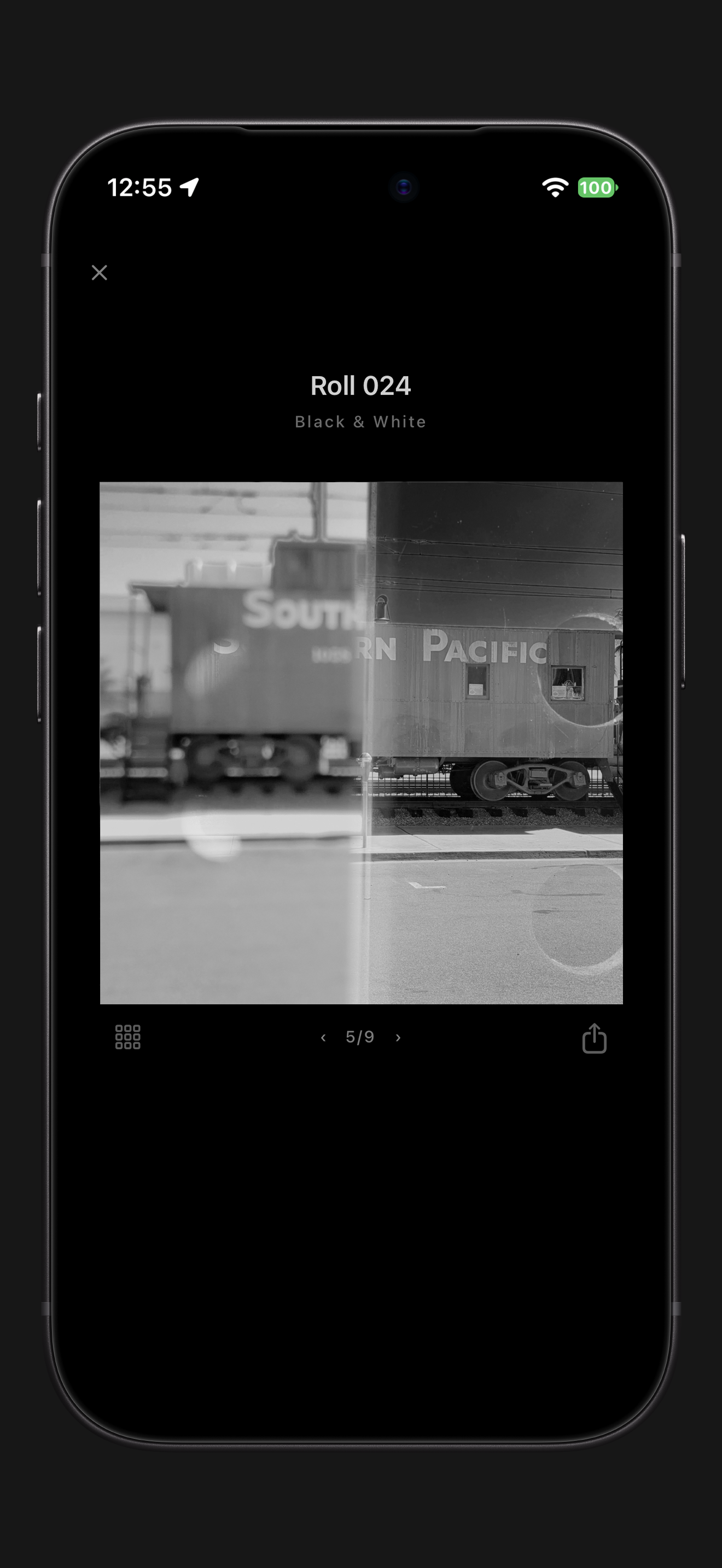 A finished black-and-white double exposure of a Southern Pacific train, shown in Nine.